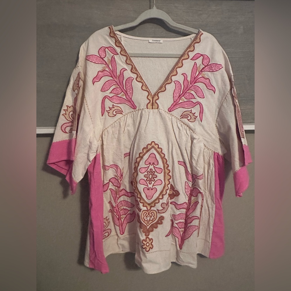 NEW Sunday Up Pink and Cream Embroidered Tunic Dress! SZ Large